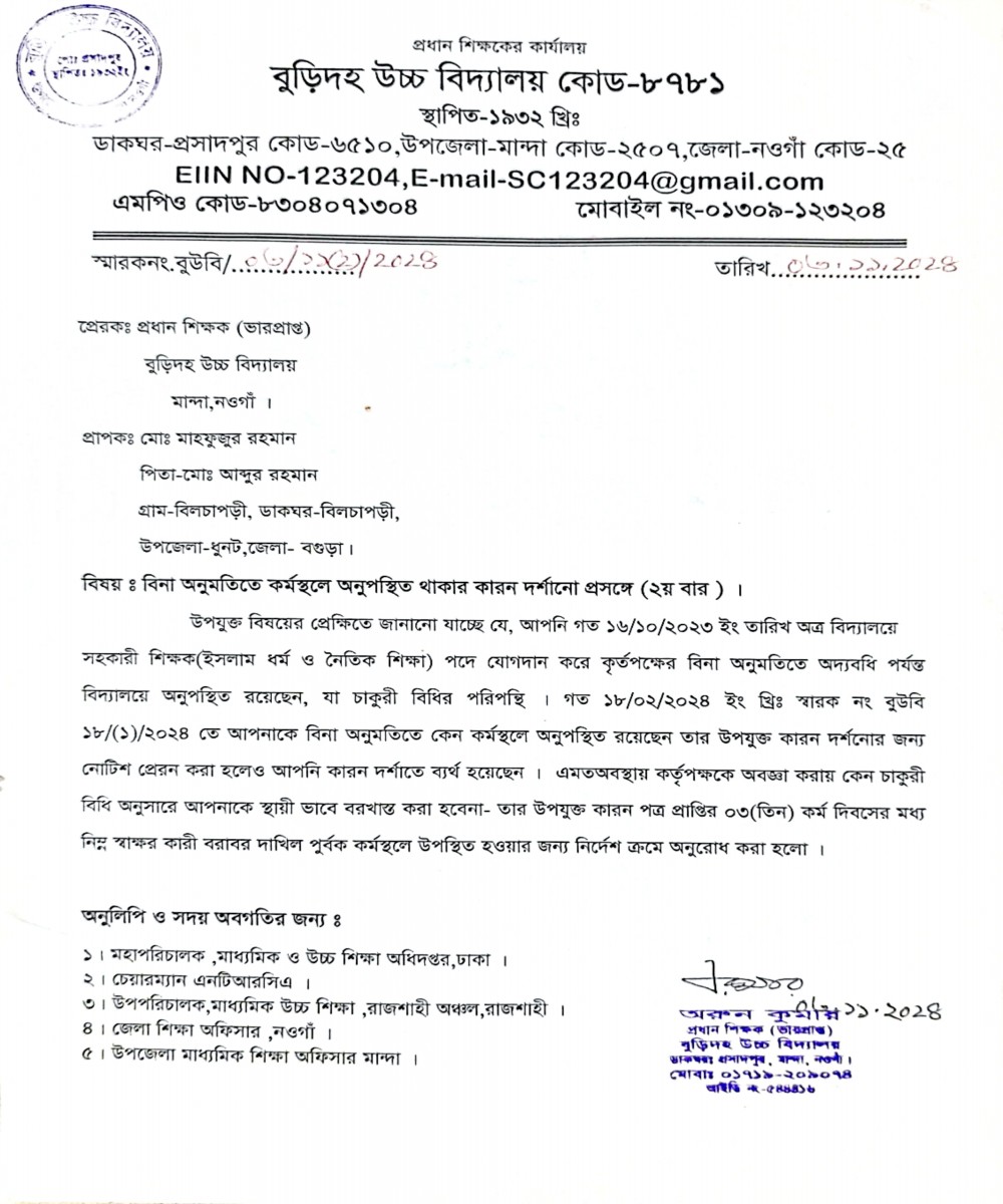 মোঃ মাহফিজুর রহমান, সহকারী শিক্ষক (ইসলাম ধর্ম ও নৈতিক শিক্ষা) কে বিনা অনুমতিতে কর্মস্থলে অনুপস্থিত থাকায় কারণ দর্শানো প্রসঙ্গে। (২য় বার)